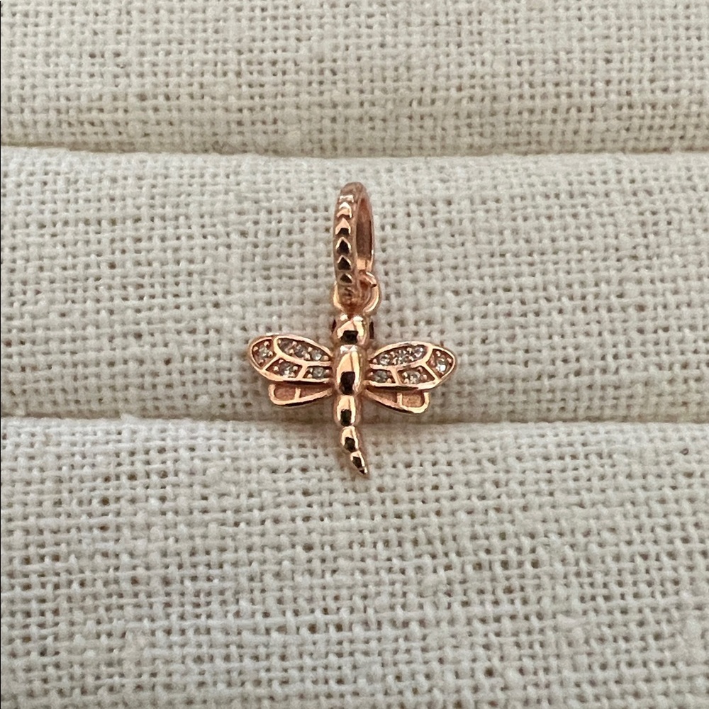 RETIRED PANDORA RARE Rose Gold Sparkling Dragonfly Pendant with Clear Zirconia